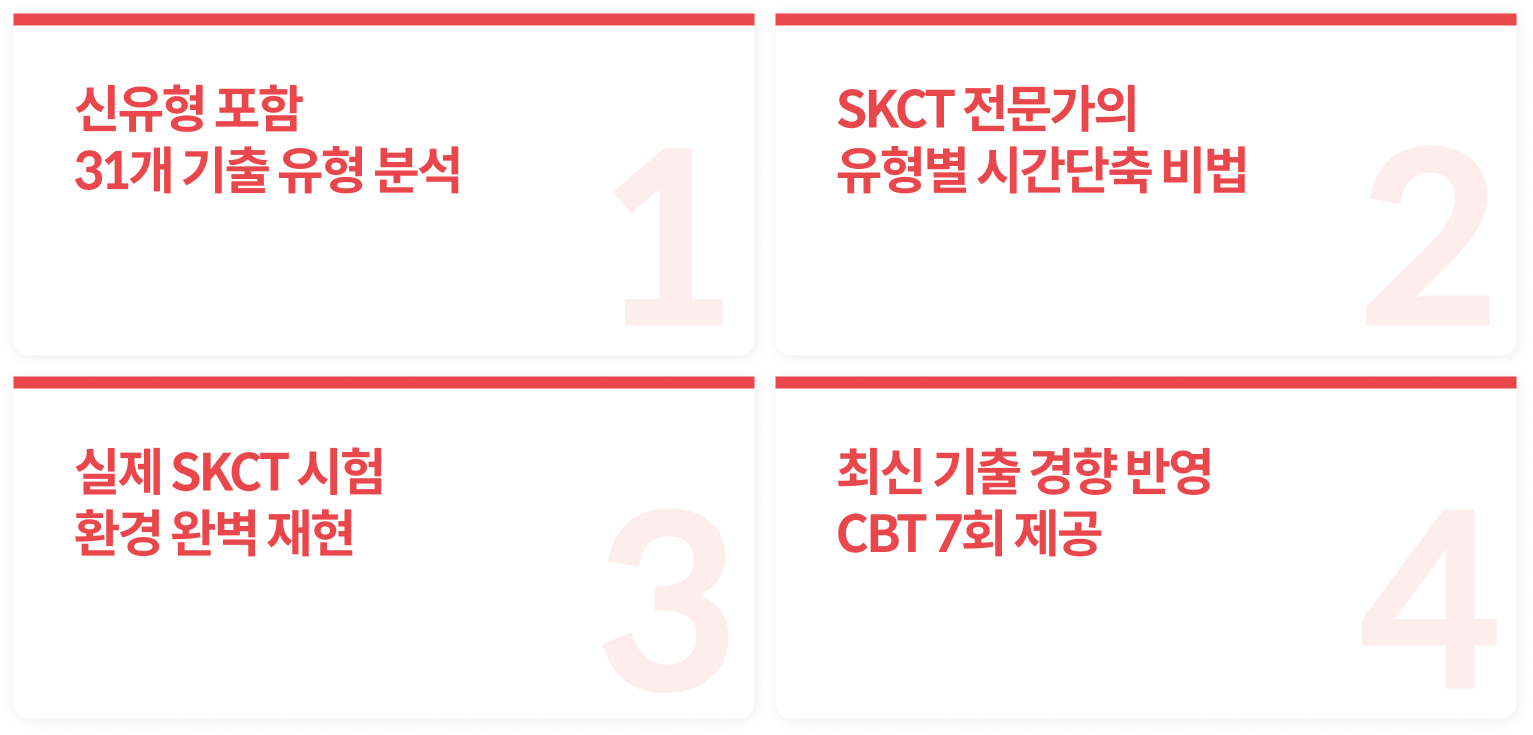 신유형 포함 31개 기출 유형 / SKCT 전문가의 유형별 시간단축 비법 / 실제 온라인 SKCT 환경 완벽 재현 / 최신 기출 경향 반영 CBT 7회 제공